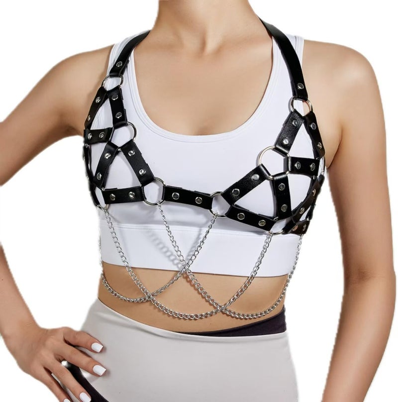 Stylish Gothic Punk Chest Harness for Women - Adjustable Leather Braided Chain Waist Belt